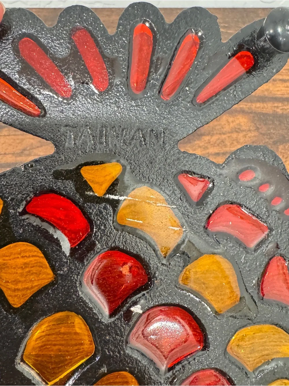 Vintage Metal Fish Shaped Trivet Hot Plate Hanging Stained Glass Red Yellow
